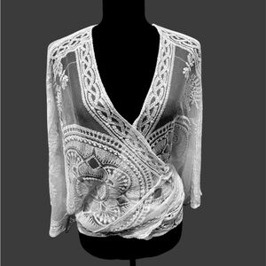 Rachel Zoe Woman White Sheer Crochet on Netting Cardigan ONE SIZE